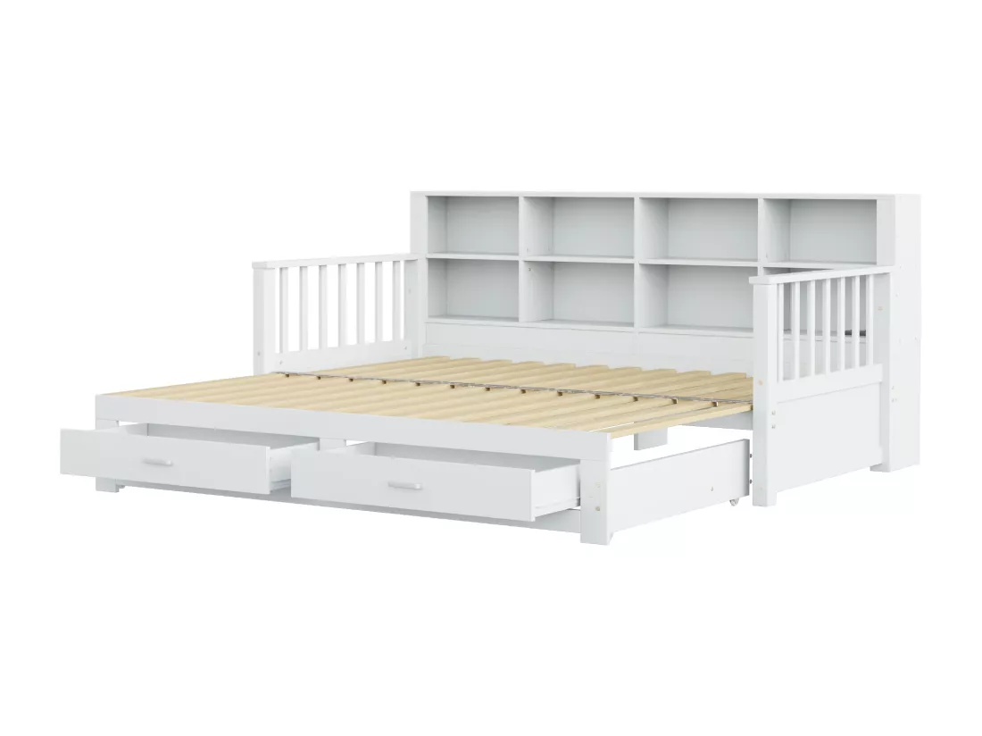 Canapé-lit gigogne en bois massif 90/180x190 cm - avec prise de charge - avec rangement - avec 2 tiroirs - sommier à lattes - blanc (matelas non inclus)