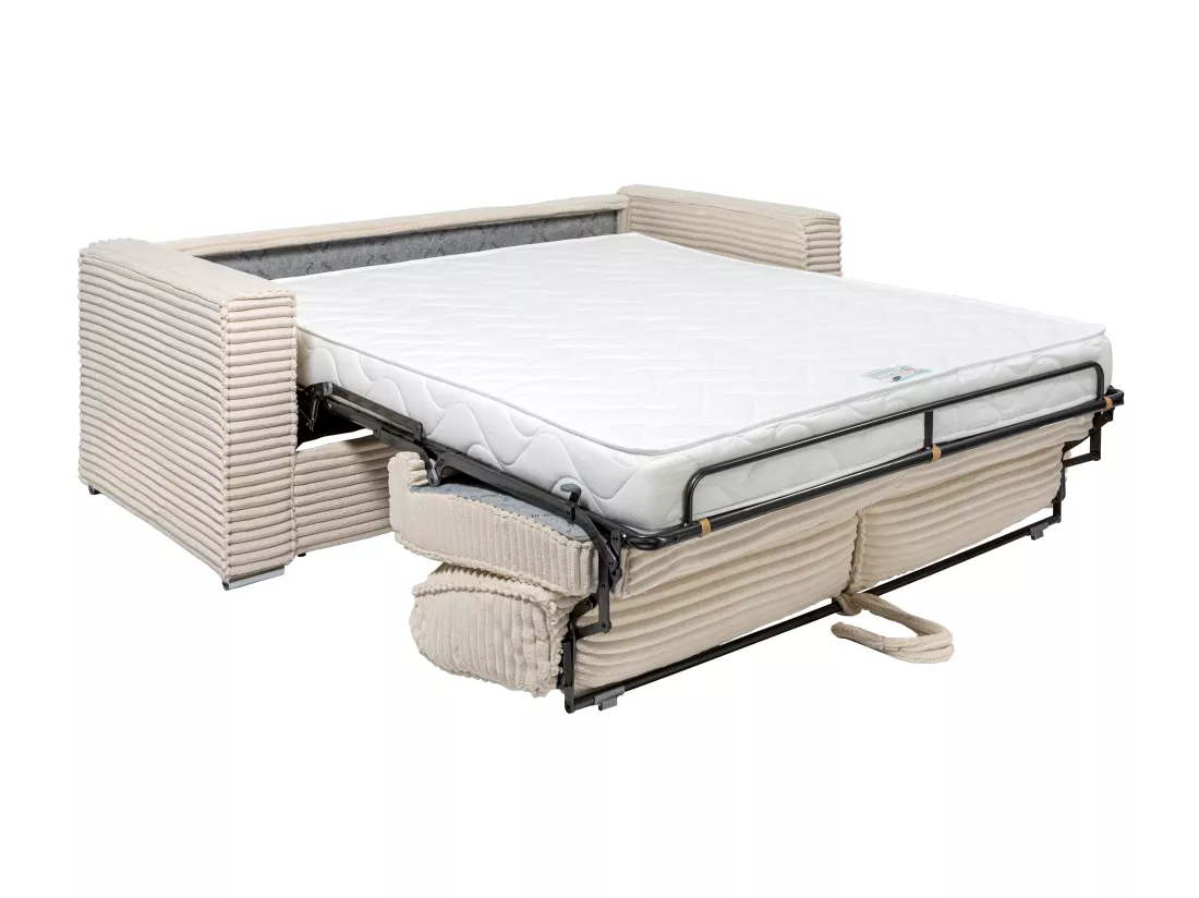 Canapé 4 places convertible express en velours côtelé grosses côtes beige - Couchage à lattes larges 160 cm - Matelas 18cm LORETO