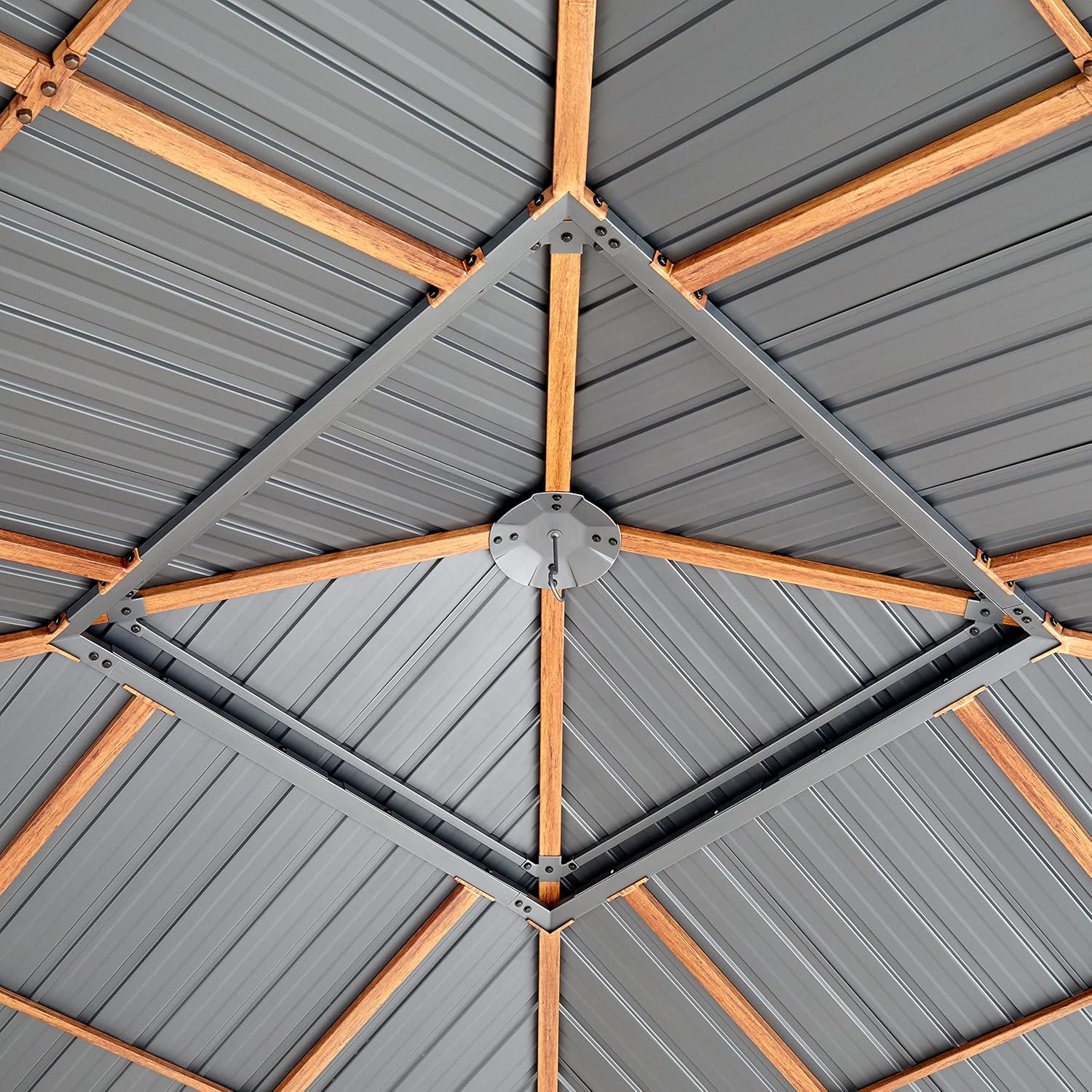 TOOLPORT Gartenpavillon 4x4 m Holzoptik, Stahldach Hardtop 4 Seitenteile in Champagner