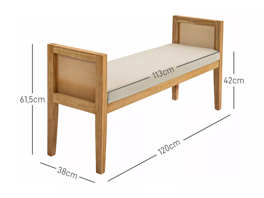 Banquette bout de lit style bohème chic - coussin beige inclus - cannage rotin bois