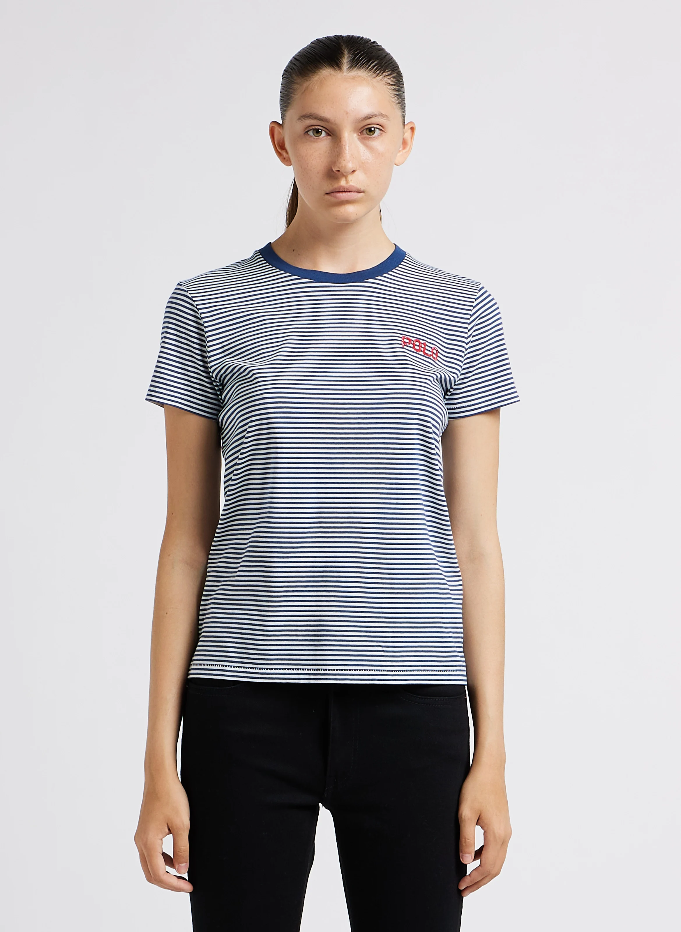 Tee-shirt col rond rayé en coton | Bleu