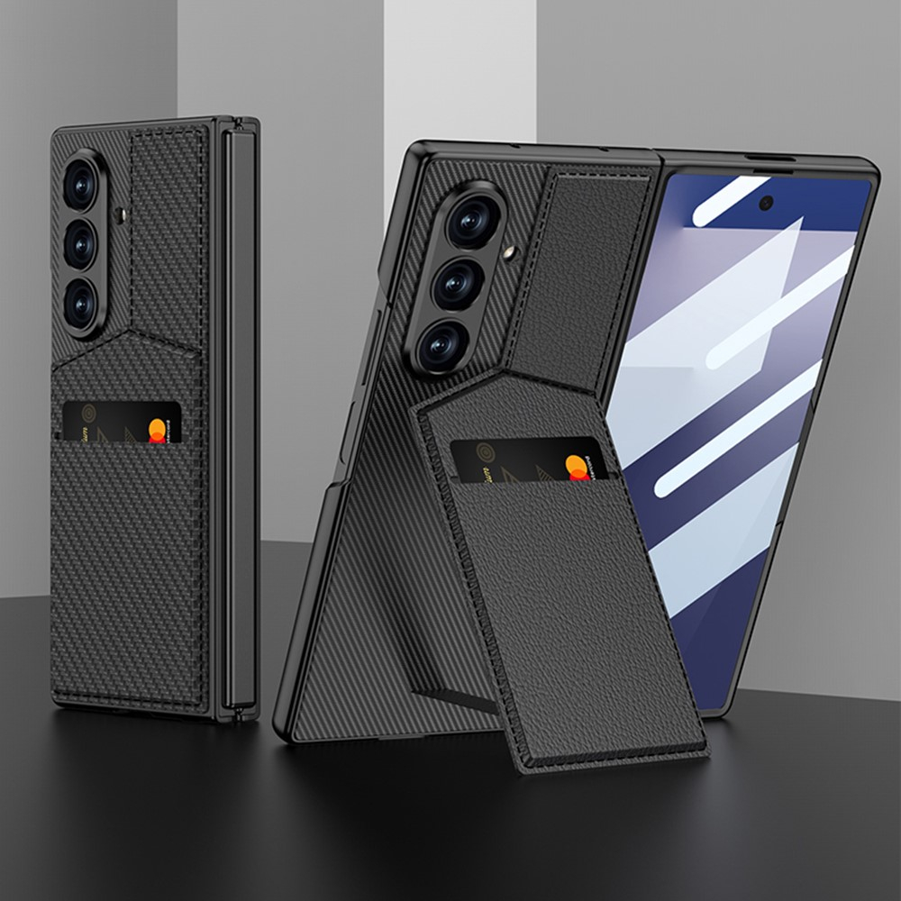 Samsung Galaxy Z Fold7 Hardcase Hülle mit Kartenfach   Leder Kickstand Aufsteller im Litchi Look - Schwarz