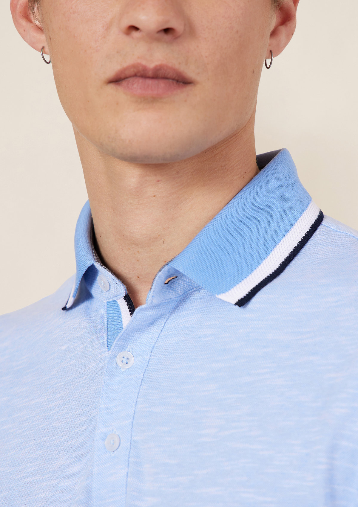 Polo manches courtes Slim en coton et lin unis bleu ciel