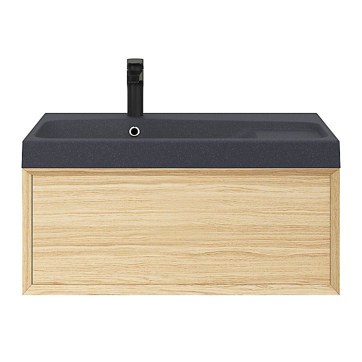 Meuble sous vasque 1 tiroir à suspendre GoodHome Avela placage chêne 80 cm + Plan vasque en résine noir Mila