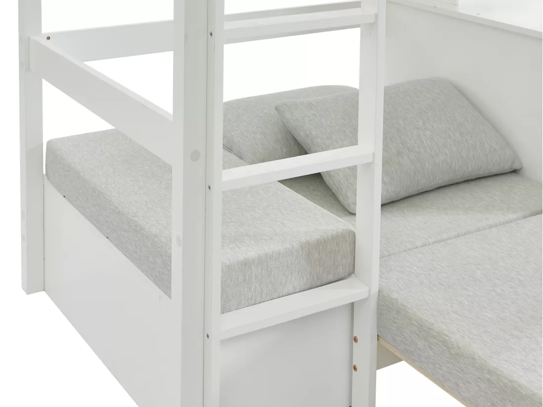 Lit mezzanine 90 x 200 cm avec bureau, sofa convertible et rangements - Pin et MDF - Blanc - GOLIATH III