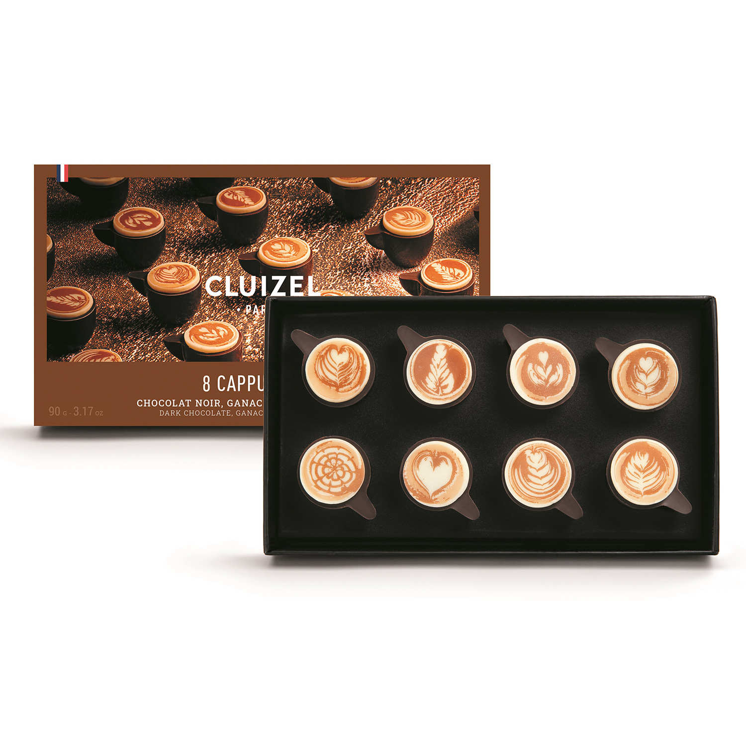 Coffret 8 cappuccinos en chocolat noir fourré ganache café