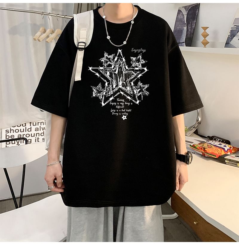 Bay Go Mall - T-shirt met ronde hals en sterrenprint, met elleboogmouwen