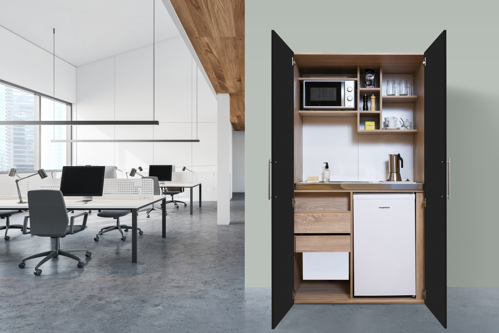 RESPEKTA Schrankküche - schwarz - Eiche sägerau - mit E-Geräten - 104 cm breit