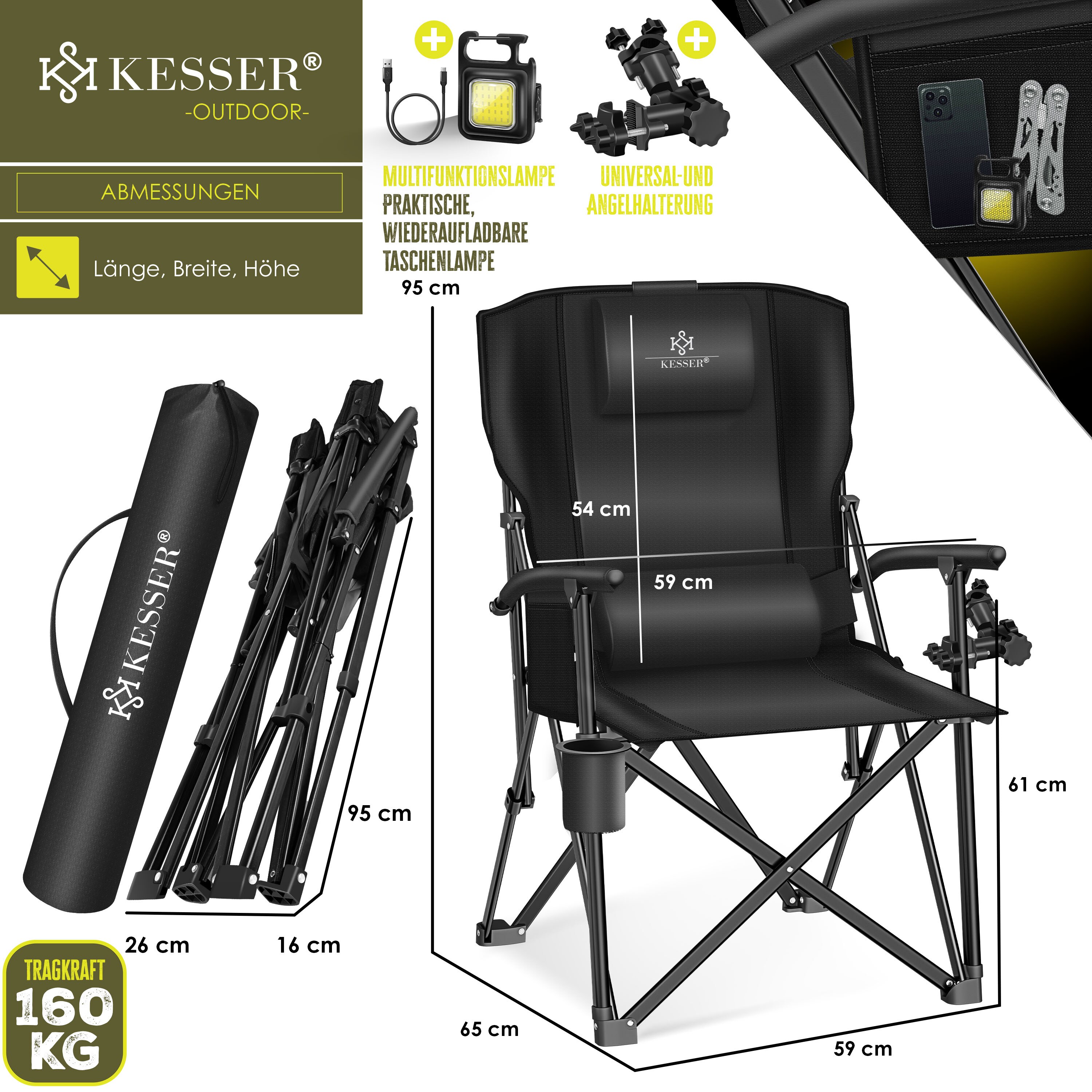 KESSER® Campingstuhl faltbar bis 160 kg | Angelstuhl Faltstuhl Klappstuhl Gepolstert mit Armlehnen | Campinglicht und Getränkehalter + Tasche mit hoher Rückenlehne | Strandstuhl mit Angelhalterung