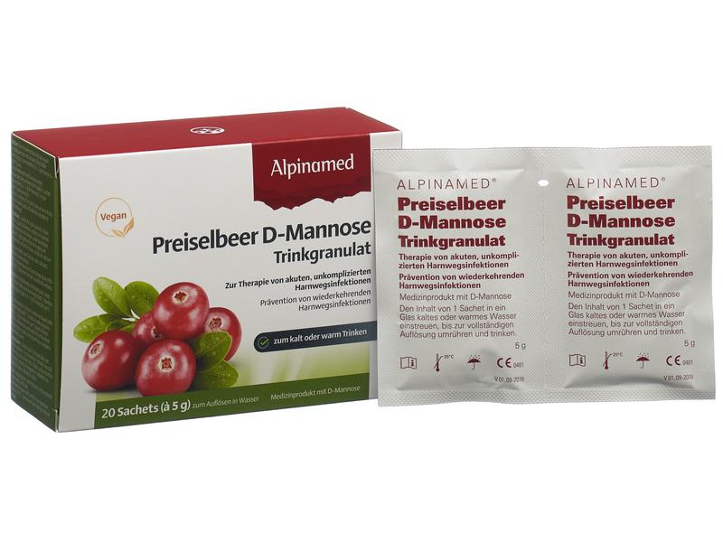 Alpinamed Preiselbeer D- Mannose Trinkgranulat 20 Beutel Pulver mit D-Mannose und Preiselbeer