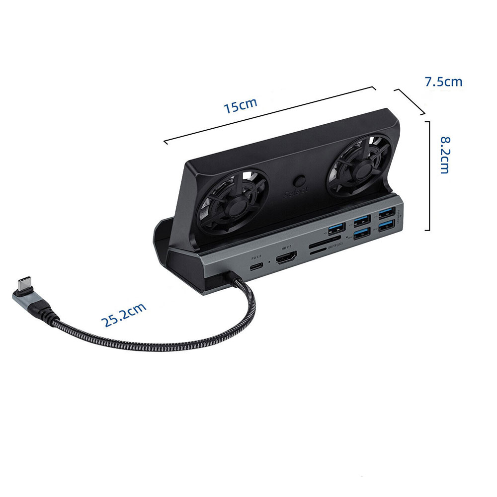 Steam Deck / OLED Dockingstation Ladegerät Charging Dock Stand mit Dual LED Lüfter / HDMI 4K@60Hz / USB C PD 100W / LAN / 5x USB A / SD Karten Slot