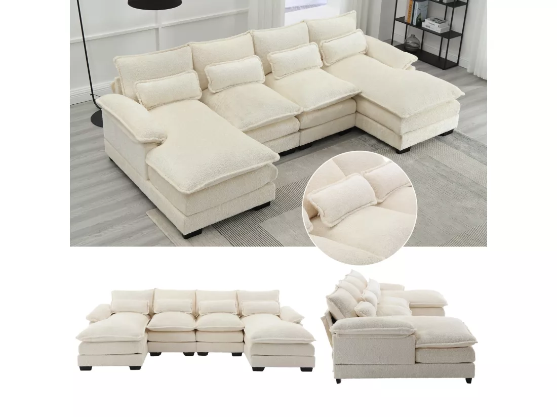 Grand canapé 4 places panoramique, forme de U, avec 4 oreillers lombaires, 261x134x82cm, Beige