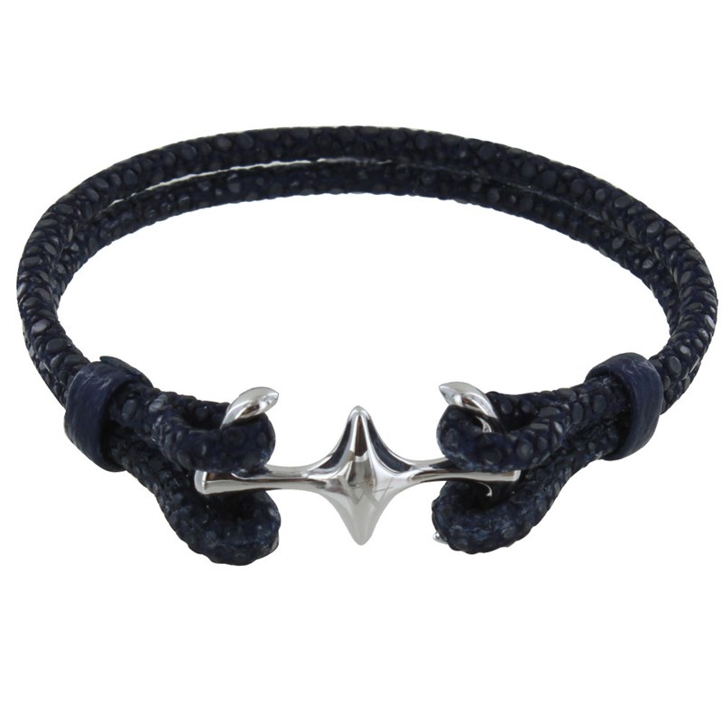 Bracelet Mixte en Argent Rhodié Double Ancre et Cuir - 20cm - Bleu Navy