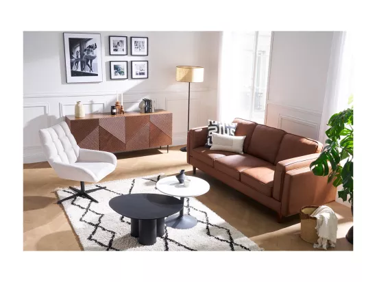 Canapé vintage 3 places cuir marron et bois foncé BRADLEY