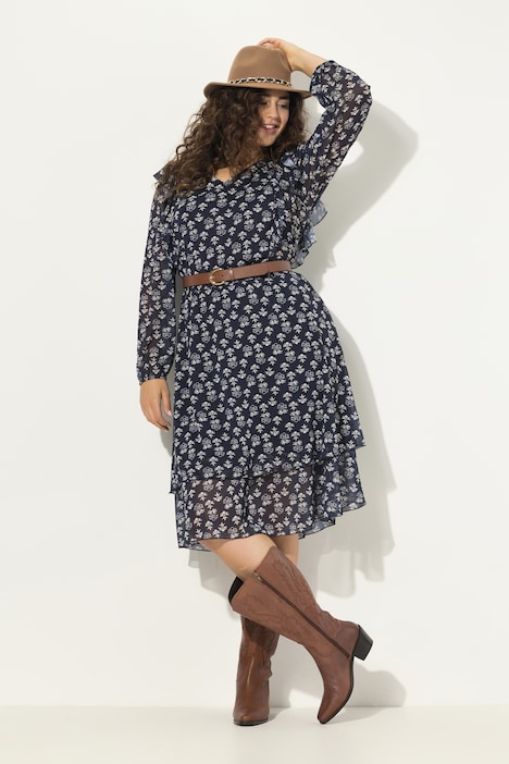 Kleid, doppellagig, V-Ausschnitt, Rüsche, Langarm