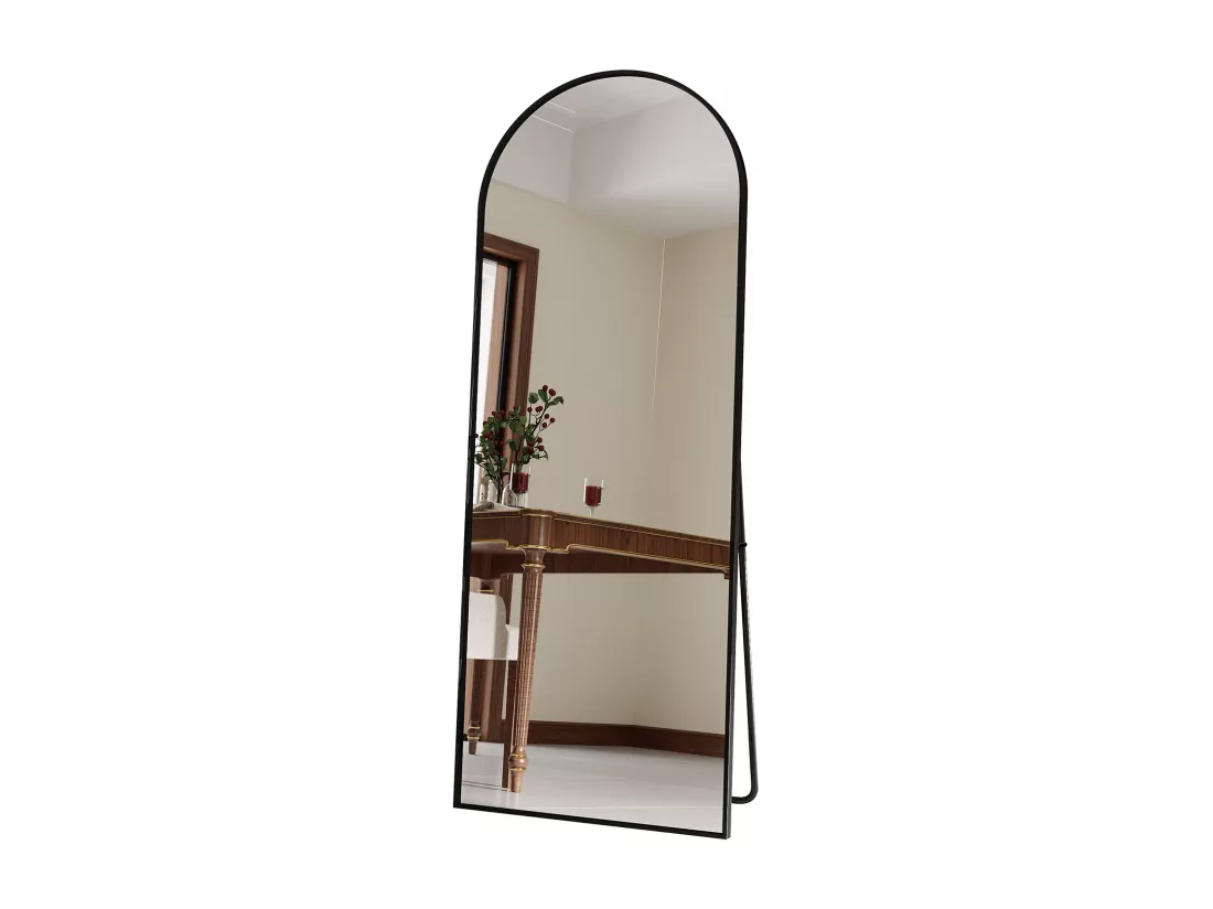 Miroir pleine longueur 165 x 60 cm, sur pied, suspendu ou appuyé, grand miroir de sol avec cadre en alliage d'aluminium noir pour salon ou chambre à coucher, Arc