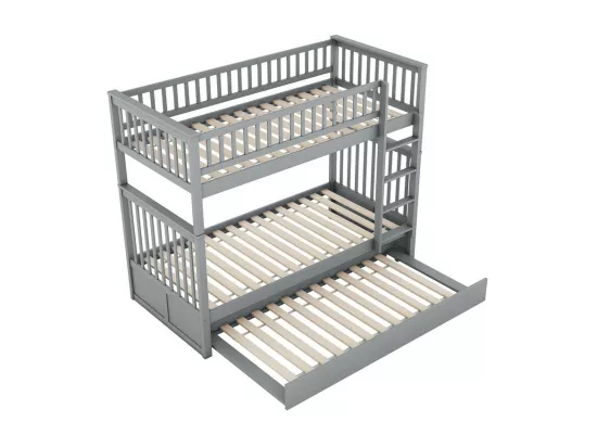 Lit superposé 2x90x200cm avec un lit gigogne 90x190cm - avec garde-corps et escalier - Gris