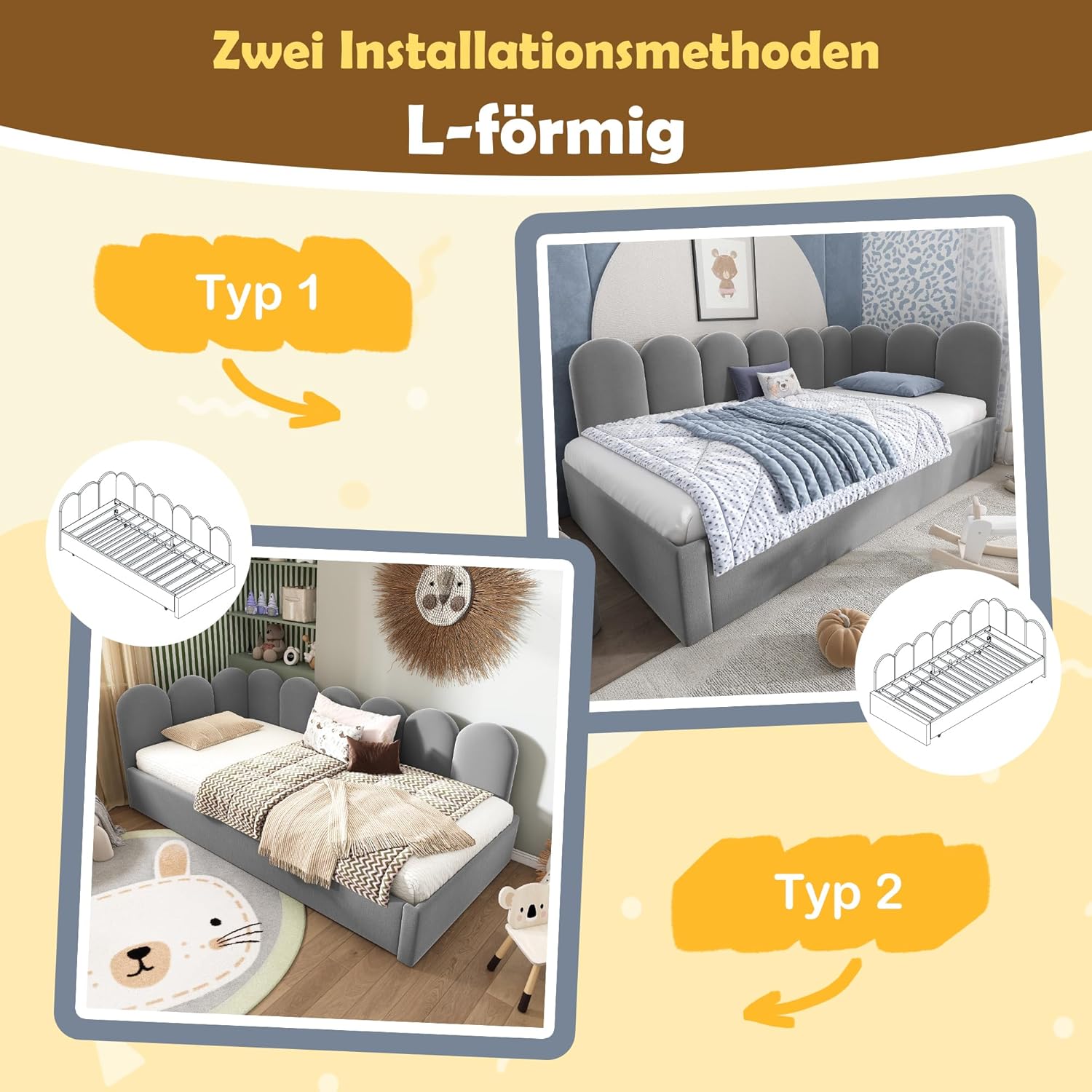Merax Polsterbett Daybett 90x200cm, Tagesbett mit Ausziehbett, Doppelbett Gästebett Jugendbett, Kinderbett mit Lattenrost, Schlafsofa, Samt, Grau, ohne Matratze