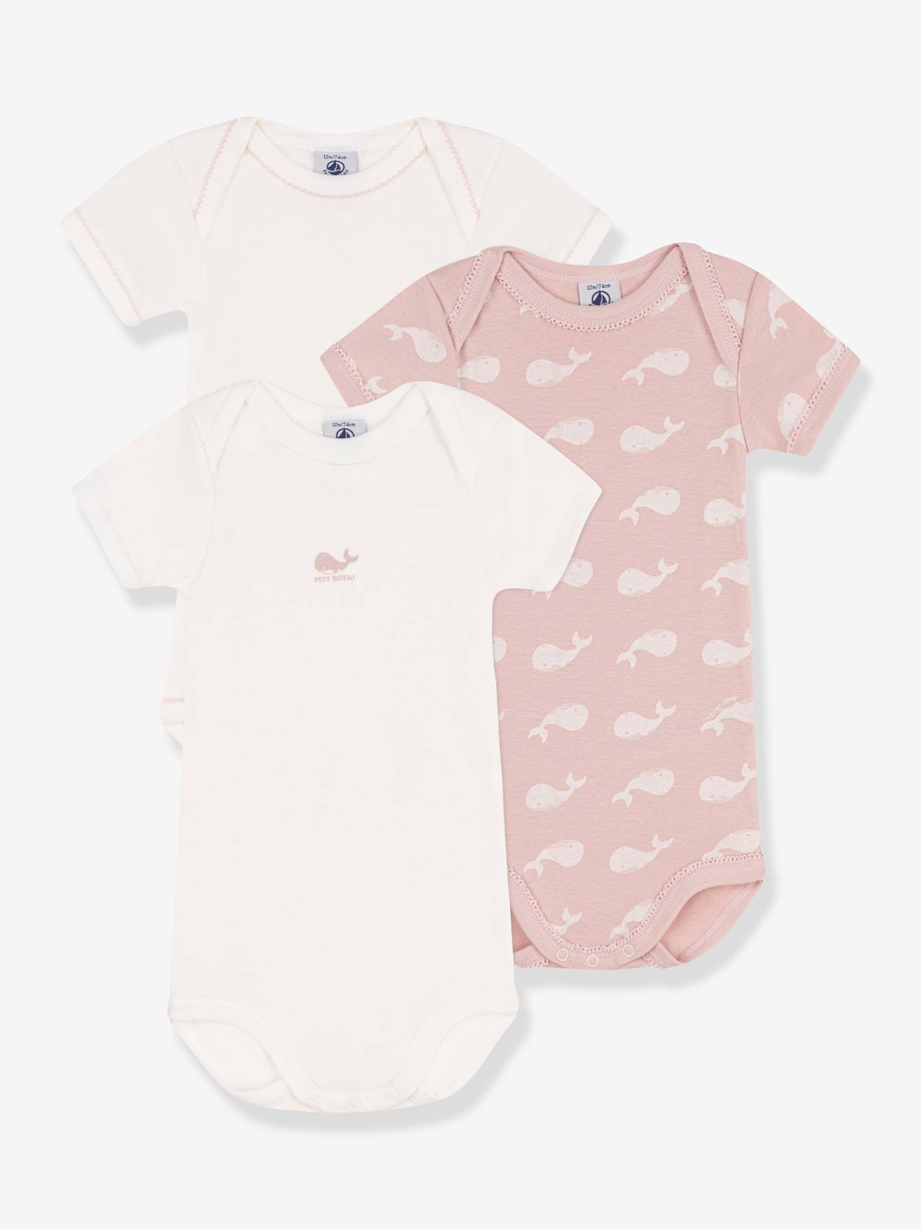 Conjunto de 3 bodies de manga curta PETIT BATEAU em algodão orgânico, brancos.