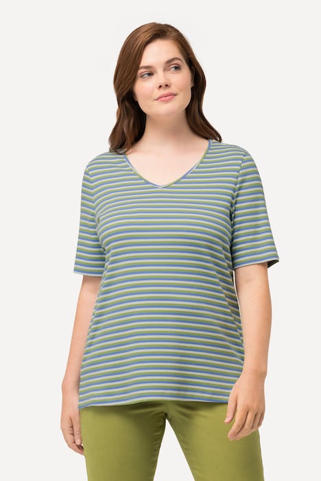 T-Shirt, Rippjersey, V-Ausschnitt, Halbarm, Biobaumwolle