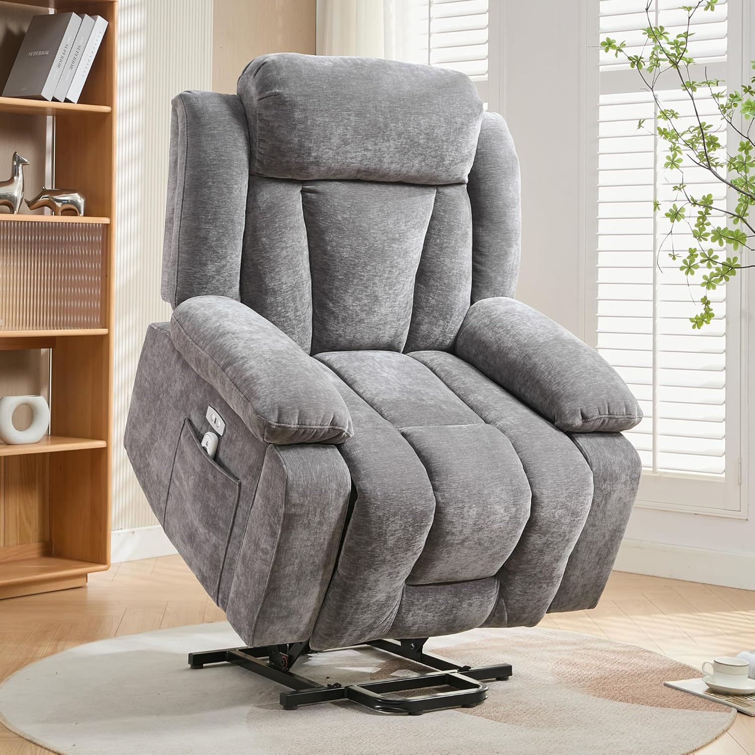 Merax Elektrischer Relaxsessel mit Liegefunktion, Fernsehsessel Massagesessel mit Aufstehhilfe, Vibration und Heizung, Fußteil, Seitentaschen, USB-Anschlüsse, Ergonomisch, Stoffsofa, Wohnzimmer, Grau