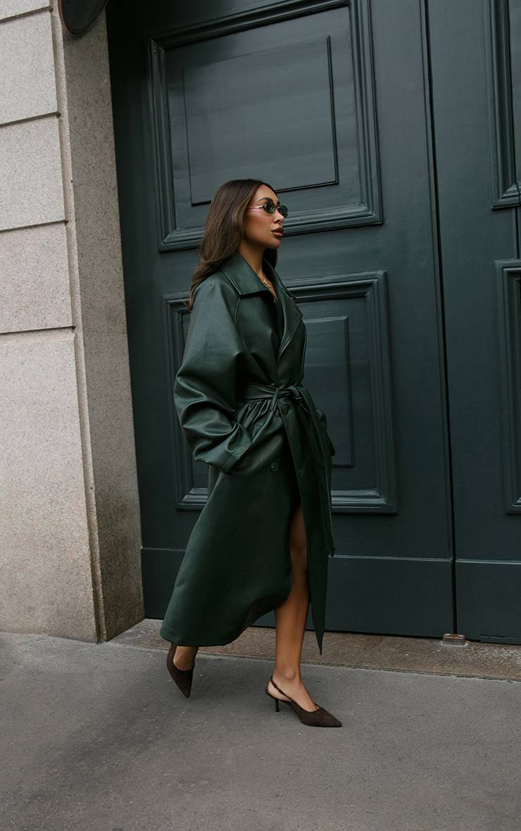 Vert Trench Coat Long En Synthétique