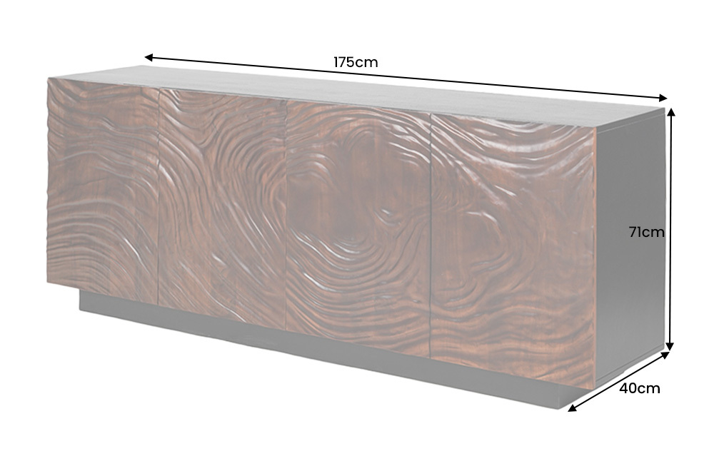 Massives Sideboard FLUID 175cm walnuss-braun Akazienholz 3D-Design schwarzer Sockelfuß