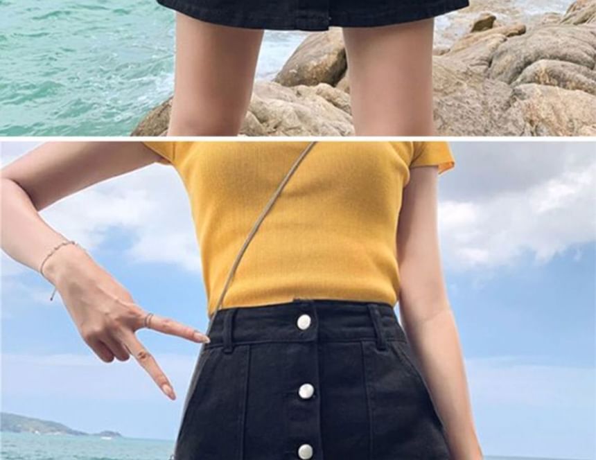 Coline - Hoge taille denim skort met knoopjes
