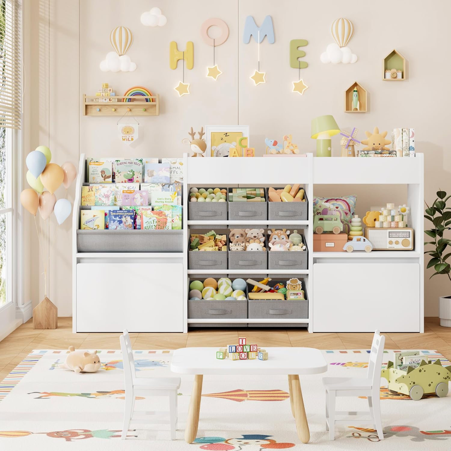 HOCSOK Kinderregal mit 8 Boxen auf Rollen, Regal Kinderzimmer mit Bücherregal, Spielzeugregal Kinderzimmer für Schlafzimmer Kindergarten, Weiß, 158x80x29.7cm