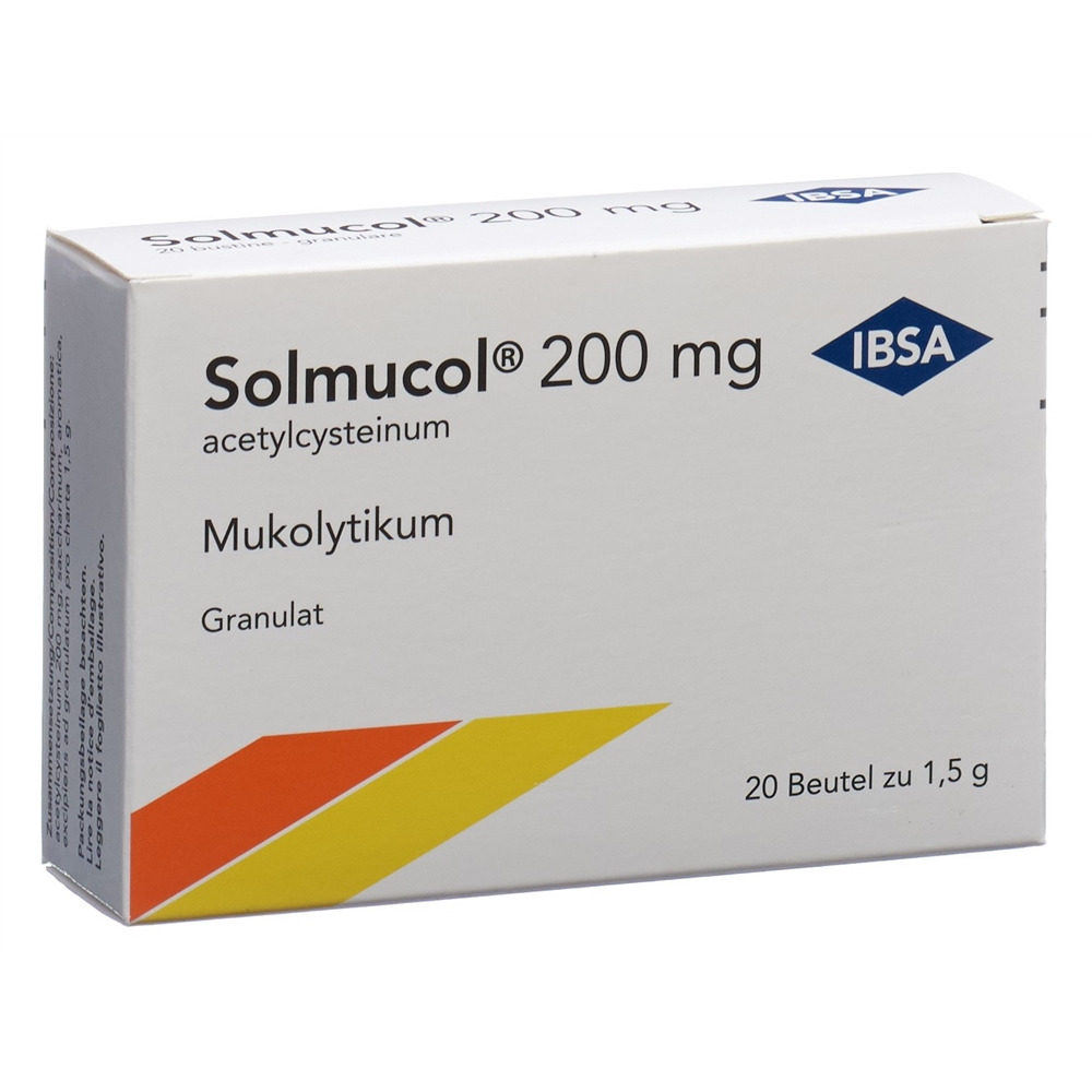 SOLMUCOL Gran 200 mg ohne Zucker Btl 1.5 g<br>20 × 1.5 g, Beutel, Granulat zur Herstellung einer Lösung zum Einnehmen, ohne Zucker