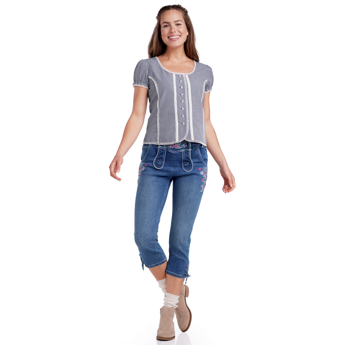 Gina Benotti Damen Trachtenbluse mit Spitzendetails dunkelblau / weiss
