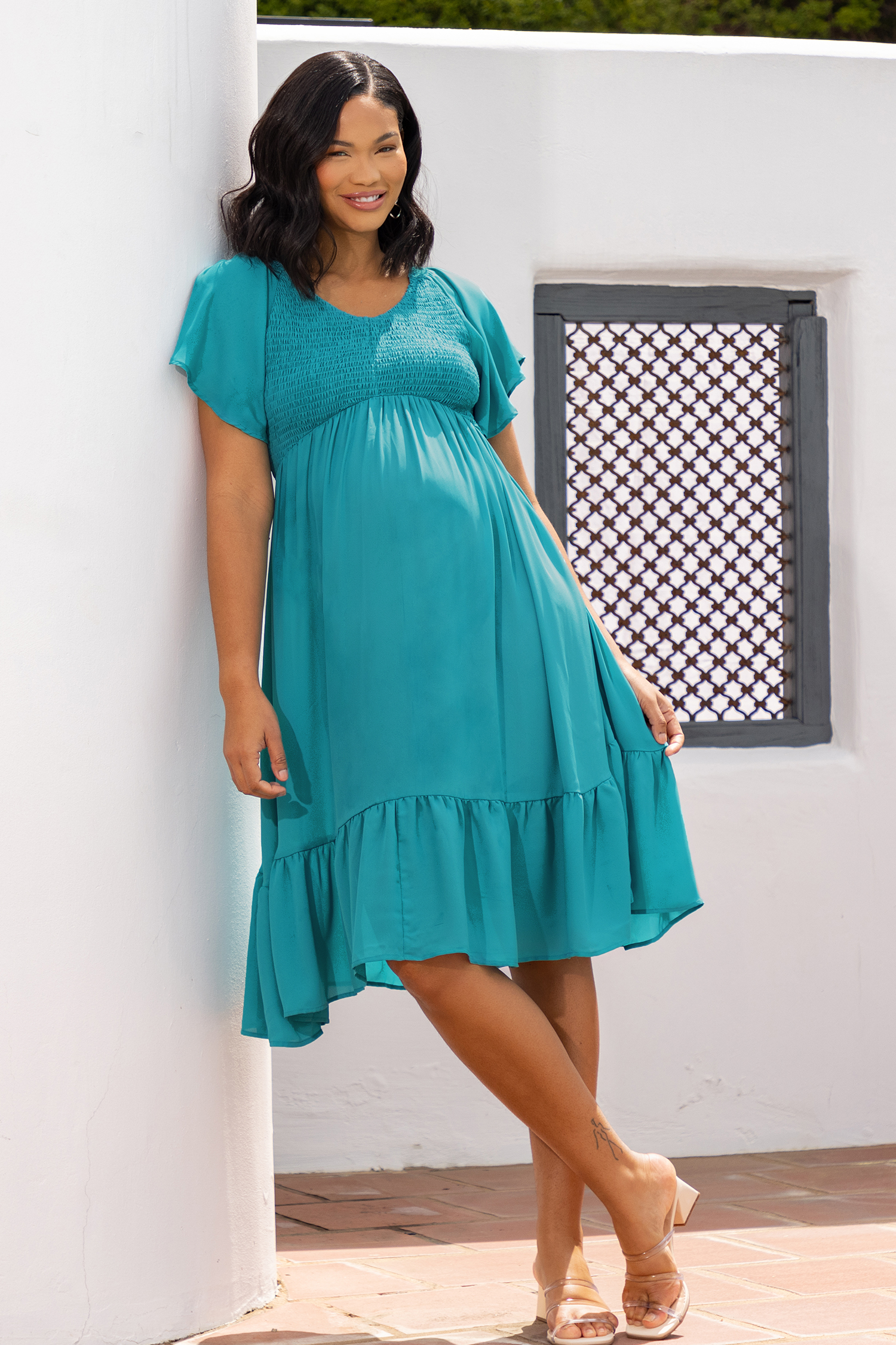Robe à volants et smocks bleue