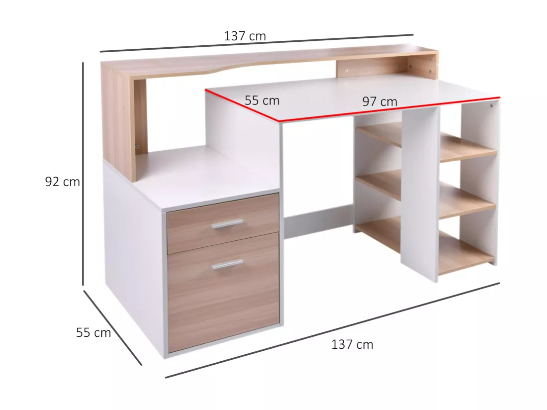 HOMCOM Bureau Informatique multimédia Design Multi-rangements 137 L x 55 l x 92 H cm chêne Blanc