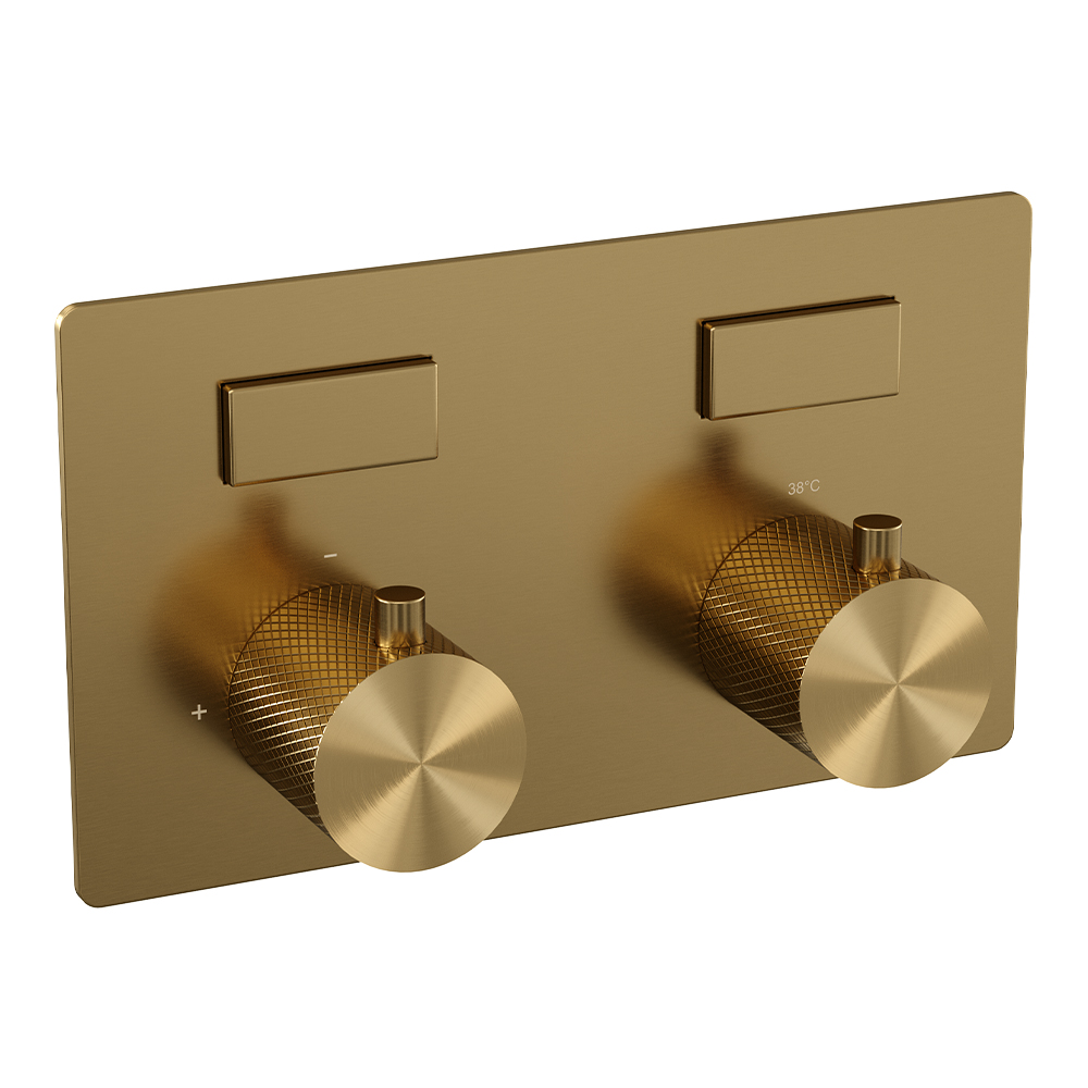 Brauer Gold Carving thermostatische inbouw badkraan met uitloop en staafhanddouche set 3 messing geborsteld PVD