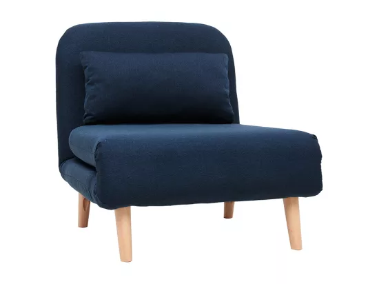 Fauteuil convertible scandinave en tissu bleu foncé et bois clair AMIKO
