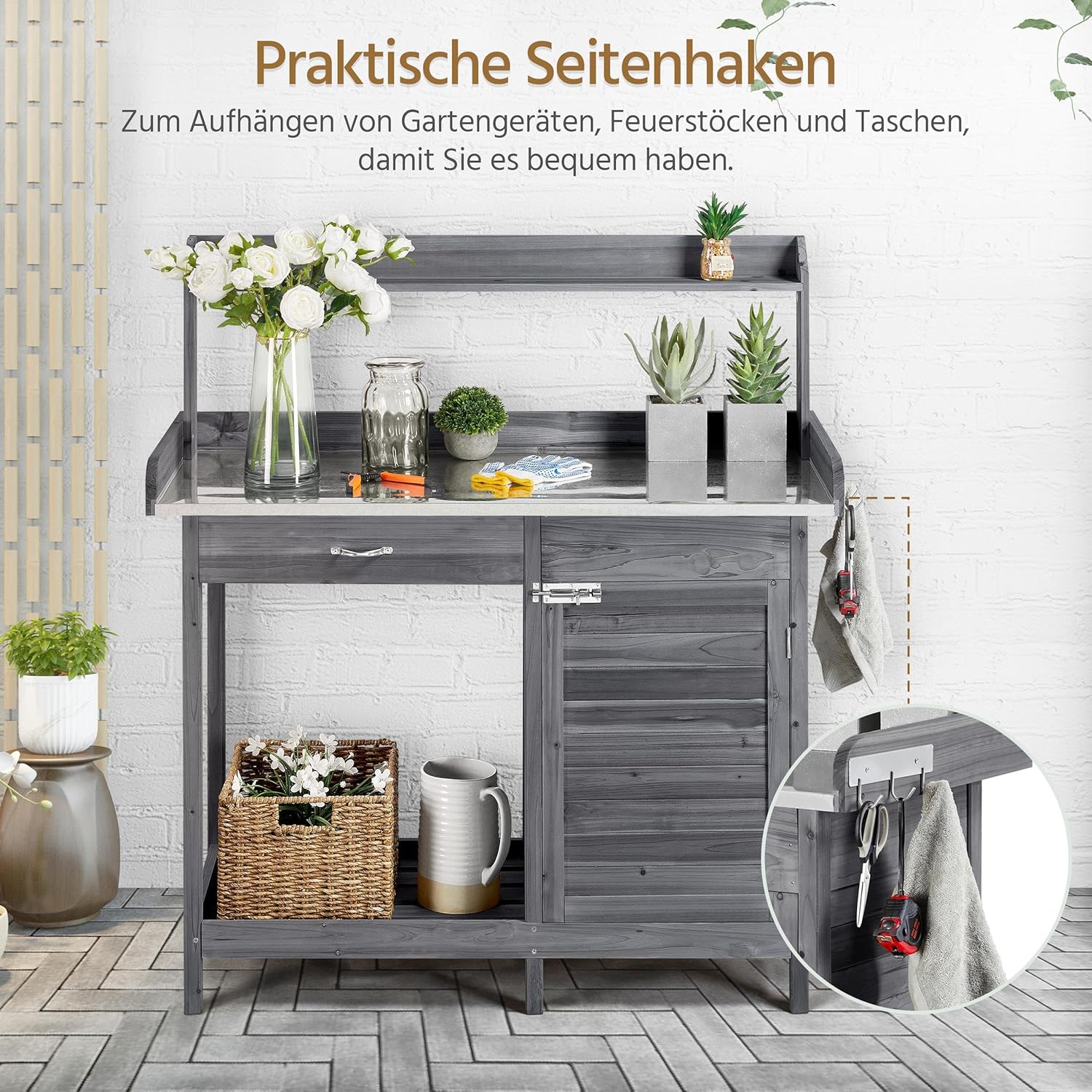 Yaheetech Pflanztisch mit verzinkter Arbeitsplatte, Wetterfest Gärtnertisch Blumentisch Holzpflanztisch mit Unterschrank, Ablagefläche und Schublade für den Garten/Terrasse/Balkon, Grau