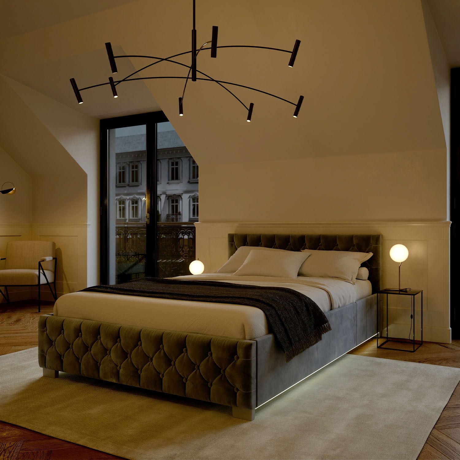 Juskys Polsterbett Nizza 140x200 cm - Lattenrost, Stauraum & LEDs - Samtbezug mit Steppung - Grau