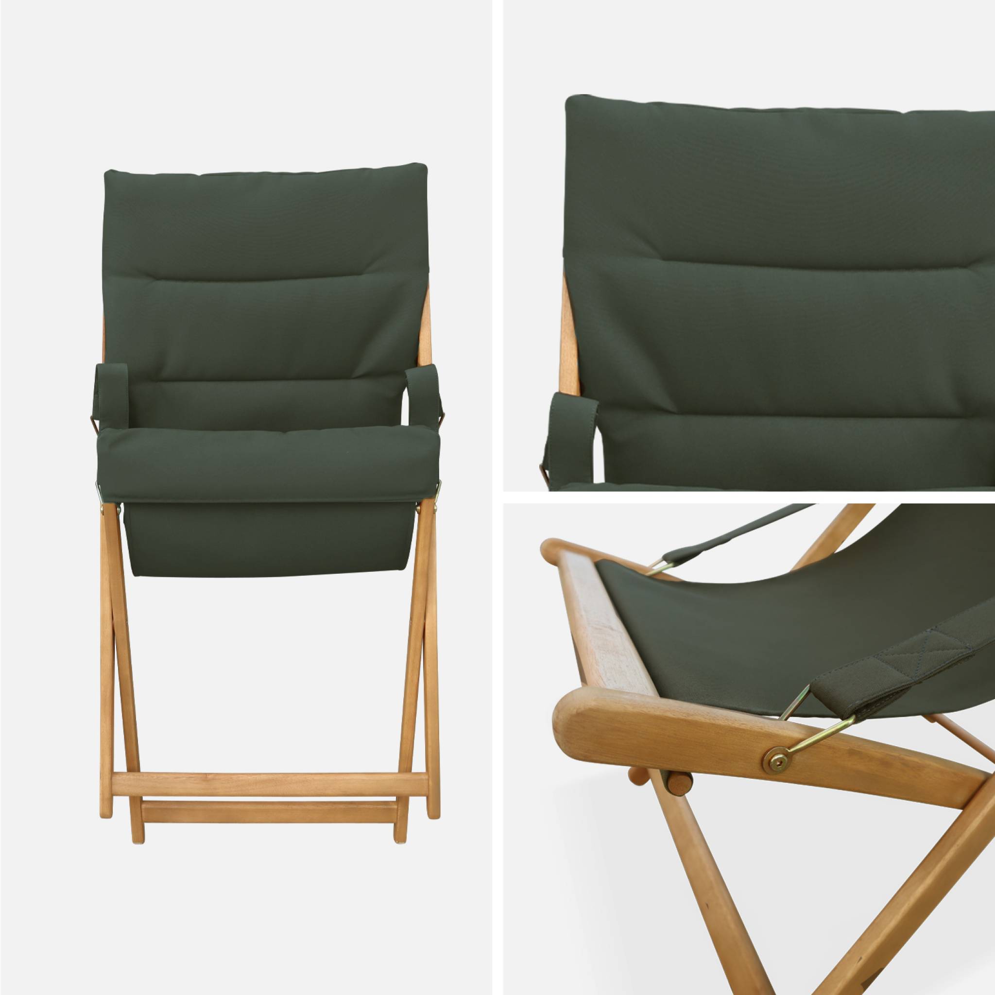 Lot de 2 chiliennes kaki en bois. Pliables. Assise rembourrée