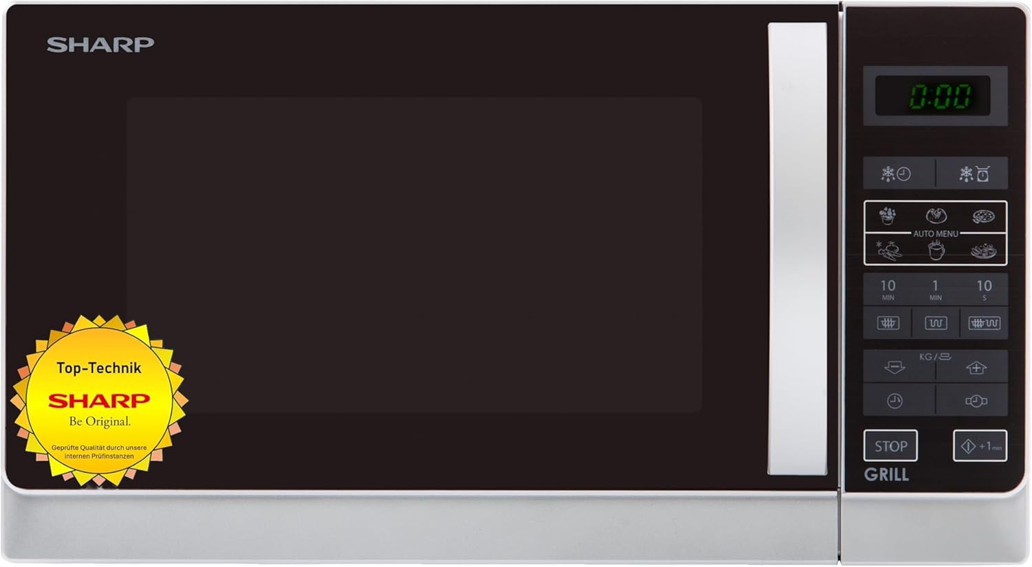 Sharp R742WW 2-in-1 Mikrowelle mit Grill / 25 L / 900 W / 1000 W Grill / LED-Display / 8 Automatikprogramme / Gewichtgesteuertes Auftauen / Kindersicherung / Energiesparmodus / hoher Rost / weiß