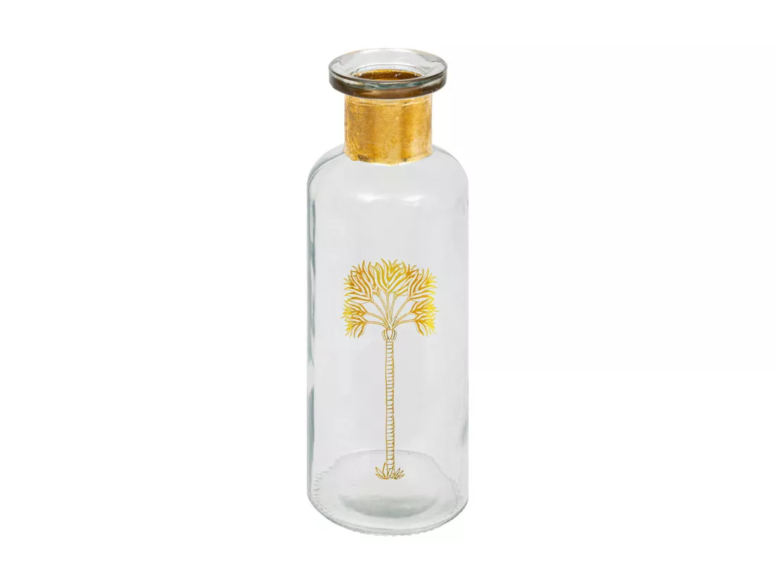 Vase bouteille en verre Transparent motif Palmier doré H 21.5 cm
