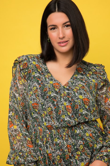 Minikleid, A-Line, Paisley Print, V-Ausschnitt, Volants