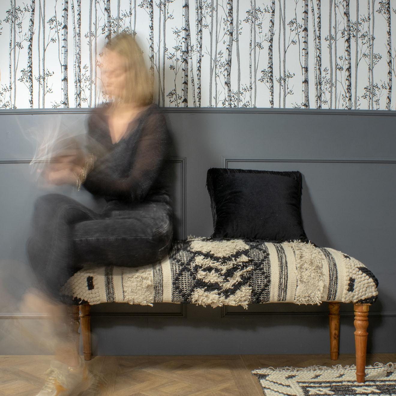 Now's home Banc en coton assam blanc/noir - 115x40x40 cm