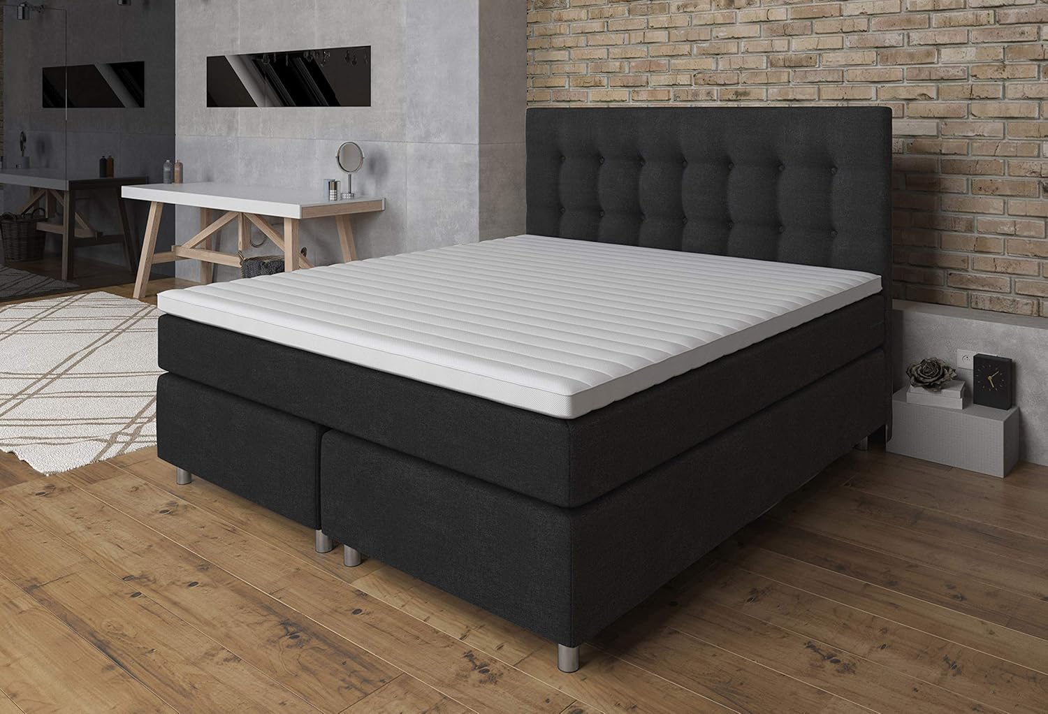 Tesla Dreams Boxspringbett 140x200 Ronda,7 Zonen Taschenfederkern-Matratze H2/H3, 5 Jahre Garantie, Topper Komfortschaum, Unterbau Taschenfederkern, Montage verfügbar, Anthrazit
