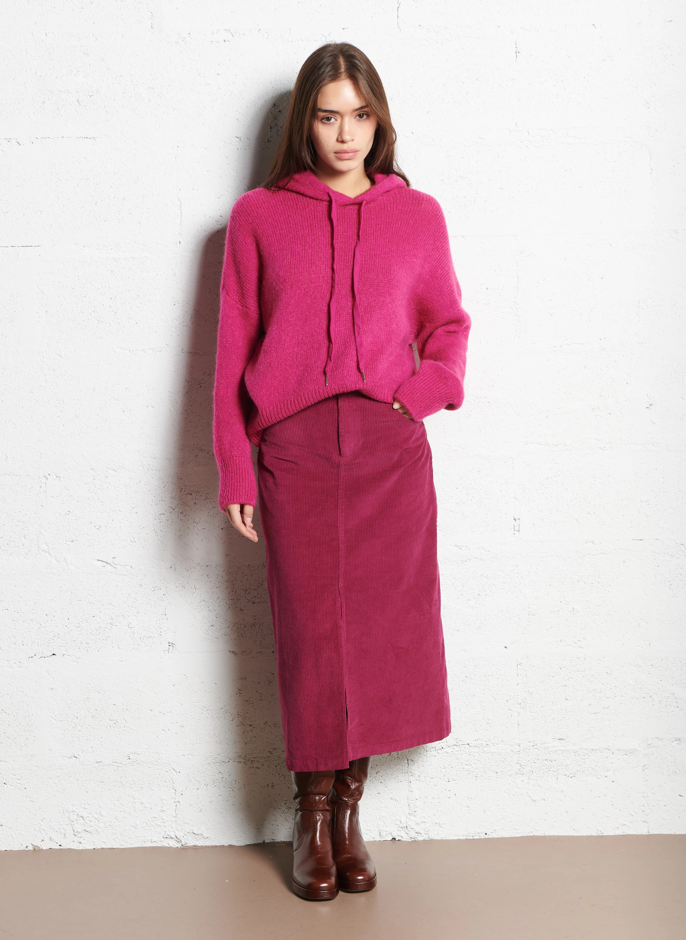 SIARA - Jupe droite velours côtelé en coton mélangé | Rose