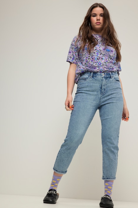 Mom-Jeans, Color-Nähte, 5-Pocket, Elastikbund, Zippfly