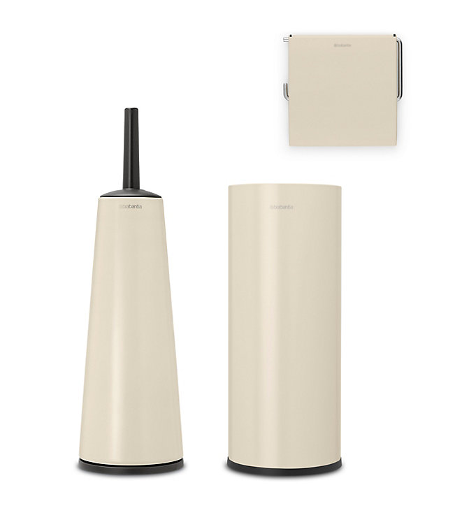 Lot de 3 accessoires WC avec dérouleur + rangement + brosse WC et pot, beige, Brabantia Renew