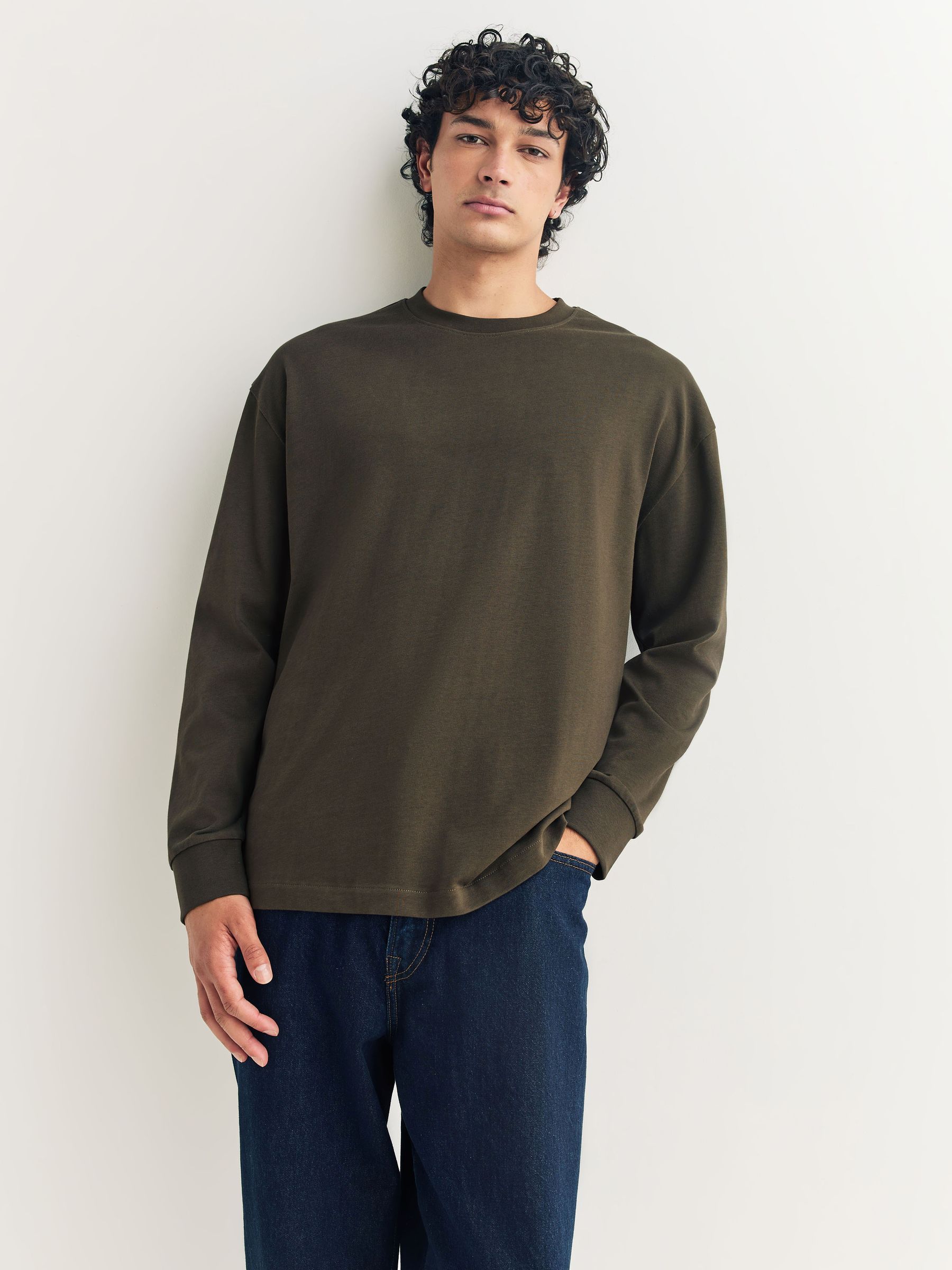 Leigrijs / Naturel gemêleerd / Khaki groen - Set van 3 ruimvallende, zwaargewicht 100% katoenen T-Shirts met lange mouwen
