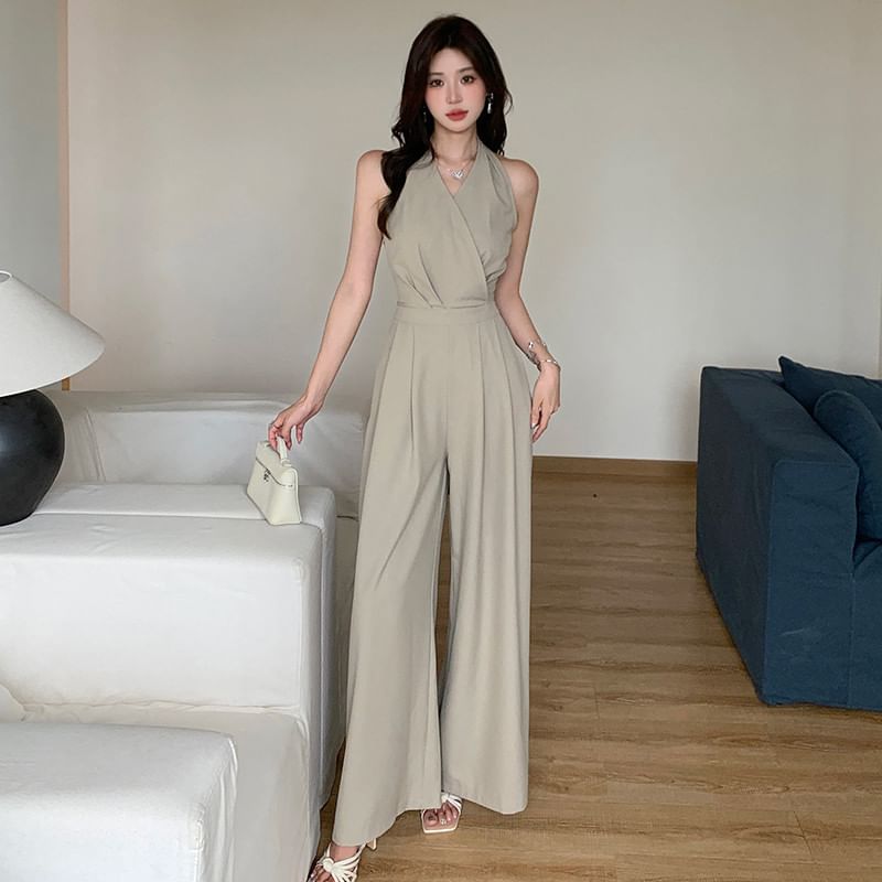 Aurora - Halternek Effen Jumpsuit met Wijde Pijpen