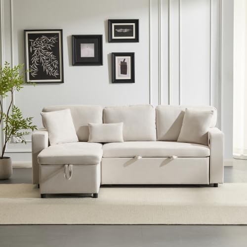 L-Form Schlafcouch Ecksofa Ausziehbar | Bettkasten + Regal + USB-Anschluss, 4 Sitzplätze, Stauraum, platzsparend für kleine Wohnungen & Jugendzimmer, Beige