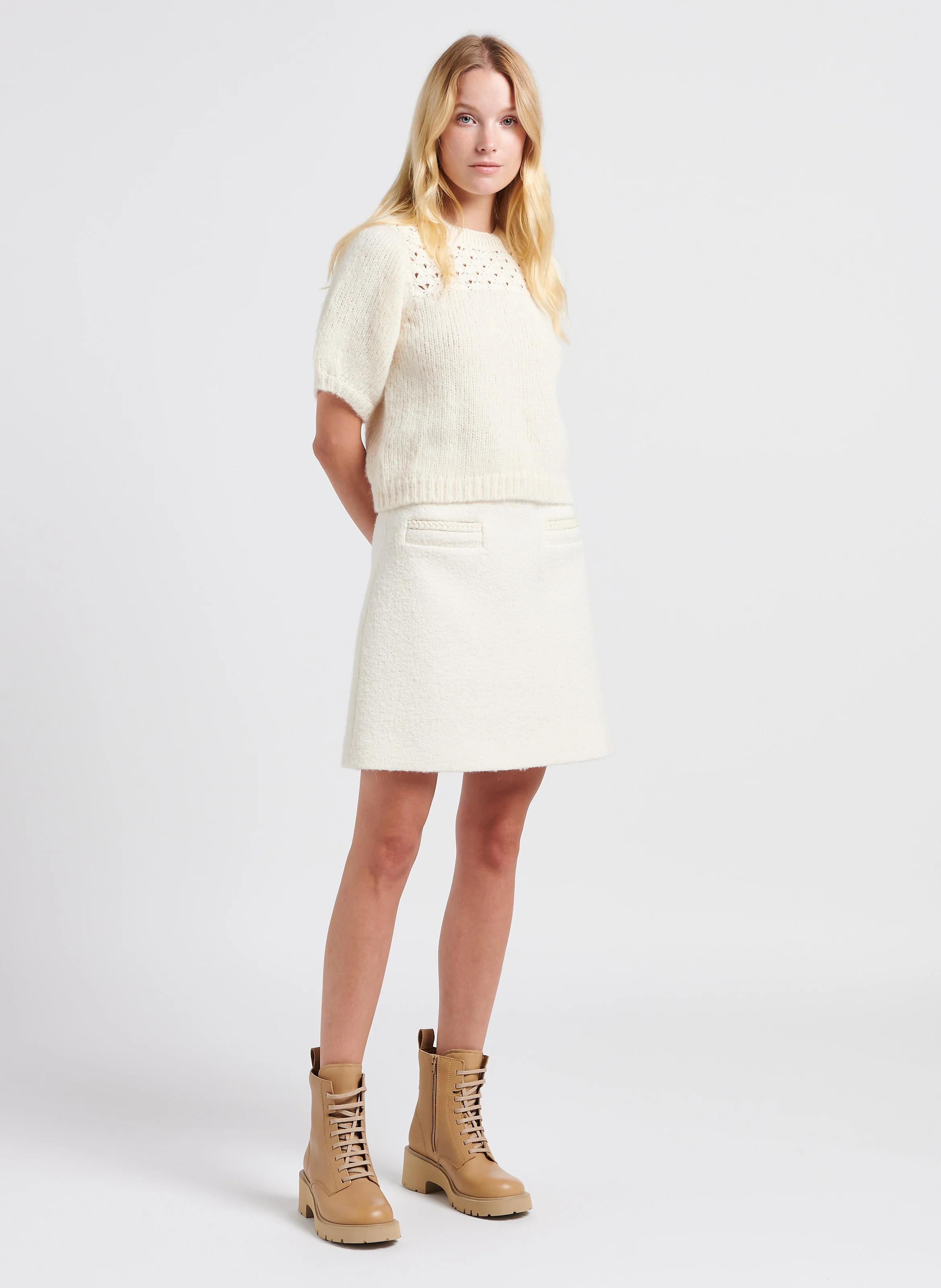 OSCAR - Pull col rond en maille ajourée | Beige